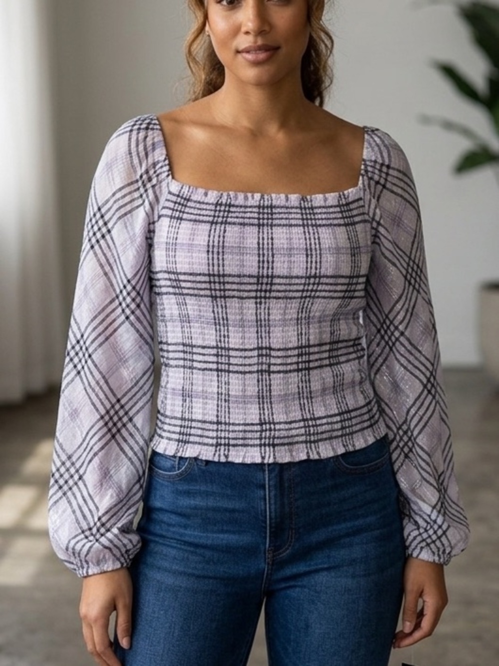 INC International Concepts Plaid Smocked Top XL Metallic Lurex Square Neck NWT